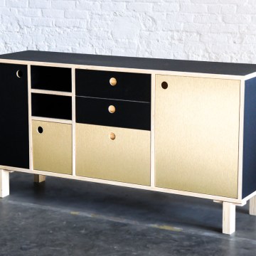 Atelier Antipode office cabinet in plywood with forbo desktop furniture linoleum and gold brushed laminate