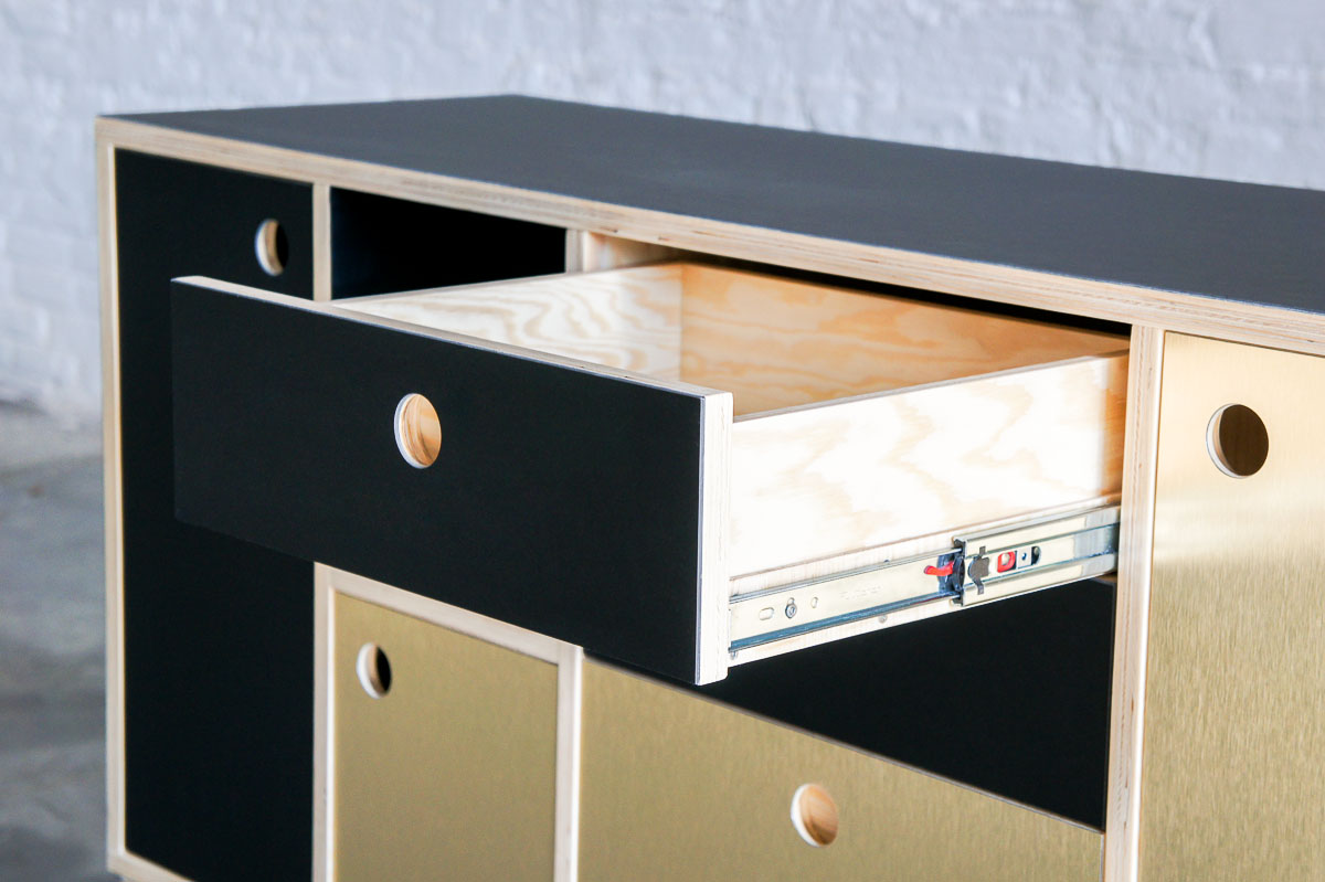 Atelier Antipode office cabinet in plywood with forbo desktop furniture linoleum and gold brushed laminate
