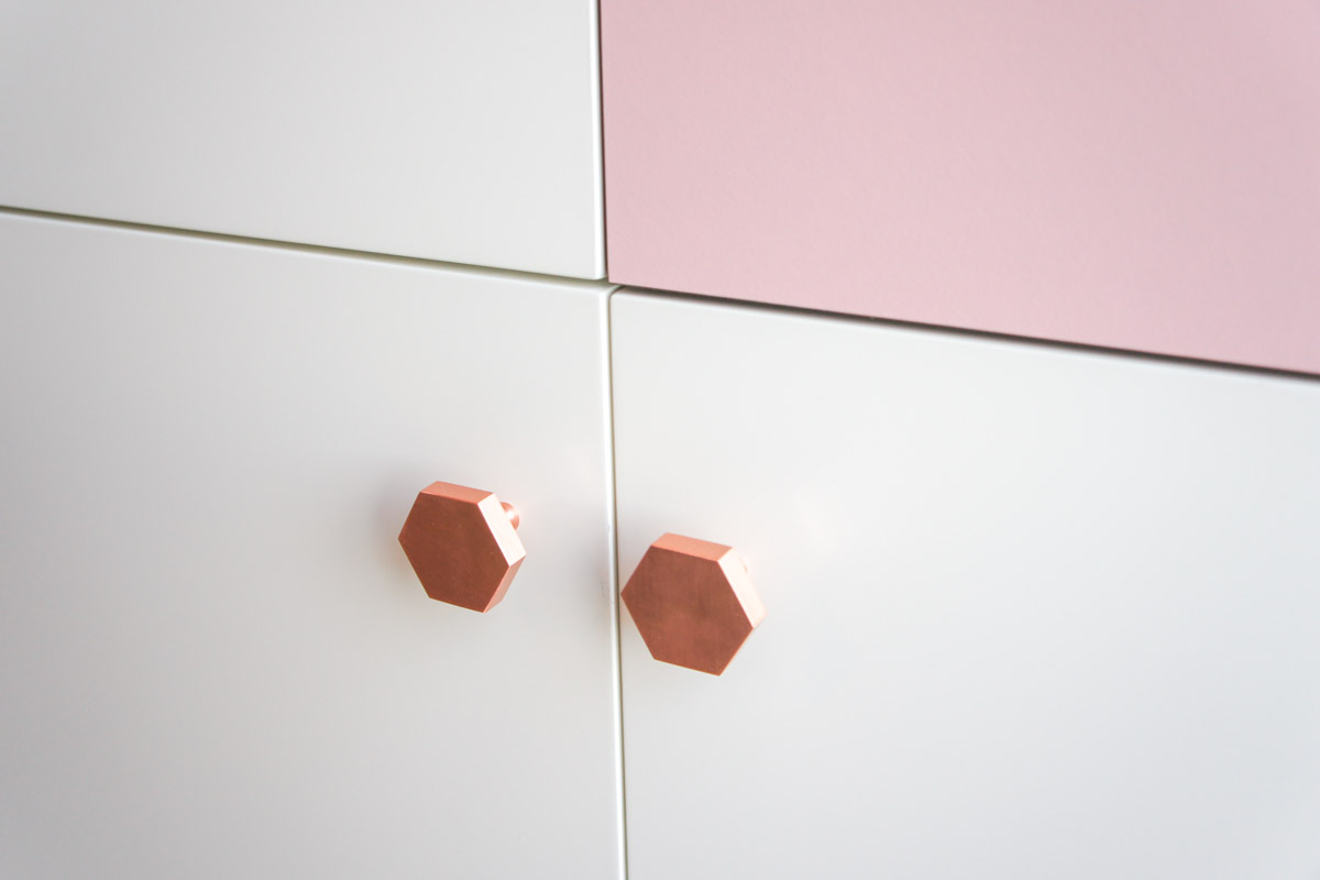 Atelier Antipode | pastel patchwork | wardrobe of white laquered doors matched with pastel laminate and oak, handmade meranti handles and copper cabinet knobs by Schoolhouse Electric