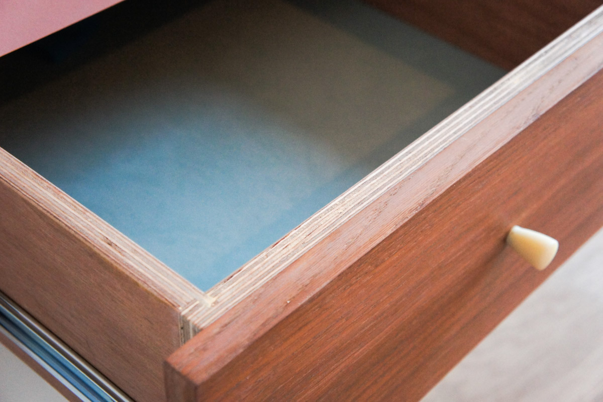 Atelier Antipode | pastel patchwork | wardrobe of white laquered doors matched with pastel laminate and oak, handmade meranti handles and copper cabinet knobs by Schoolhouse Electric